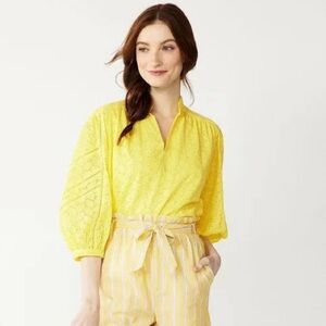 Draper James RSVP | Yellow Eyelet Puff Sleeve V-Neck Top M
